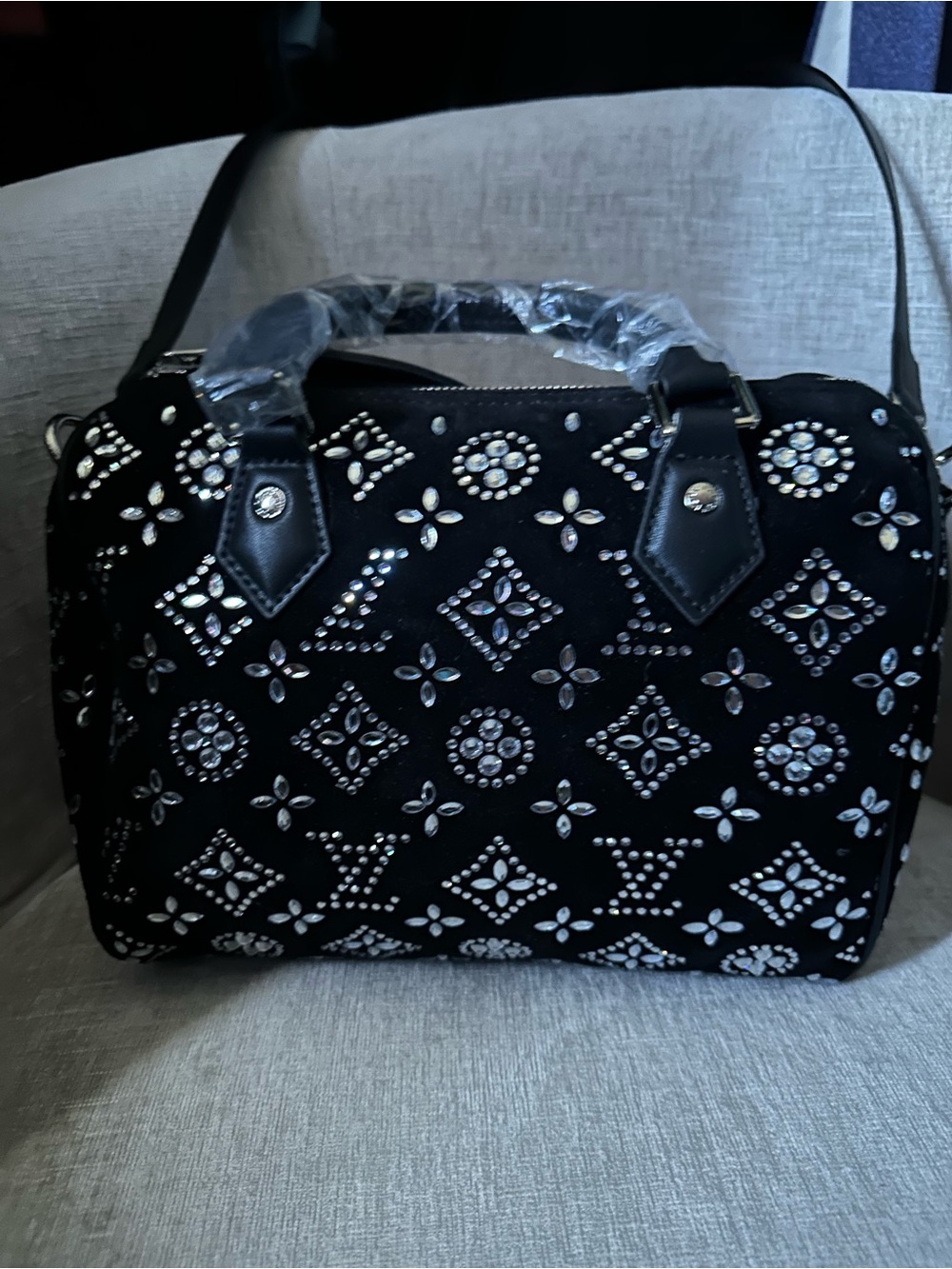 Black Satchel Shoulder Bag  with Crystal Bling Monogram